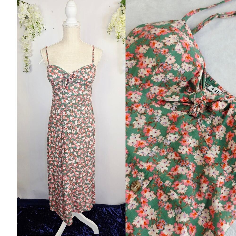 AUW Ditsy Floral Midi Dress Large Green Pink Tie Front Smocked Cottage Peasant